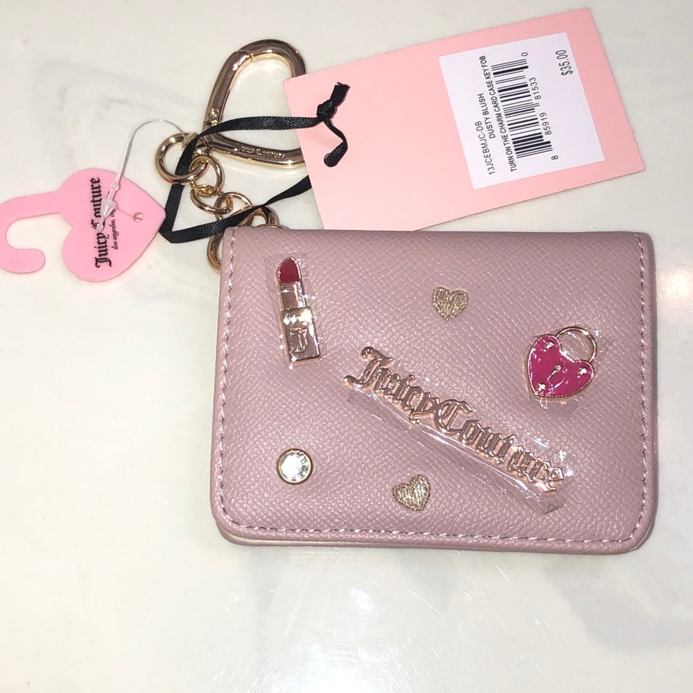 Juicy Couture Dusty Blush Faux Leather Turn On The Charm Card Case Key Fob NWT